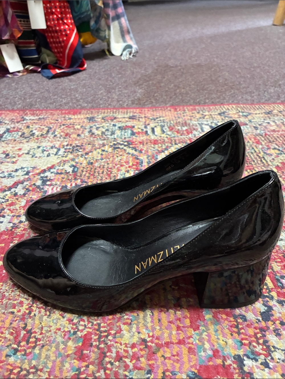 Stuart Weitzman Black Patent Block Heel Pumps